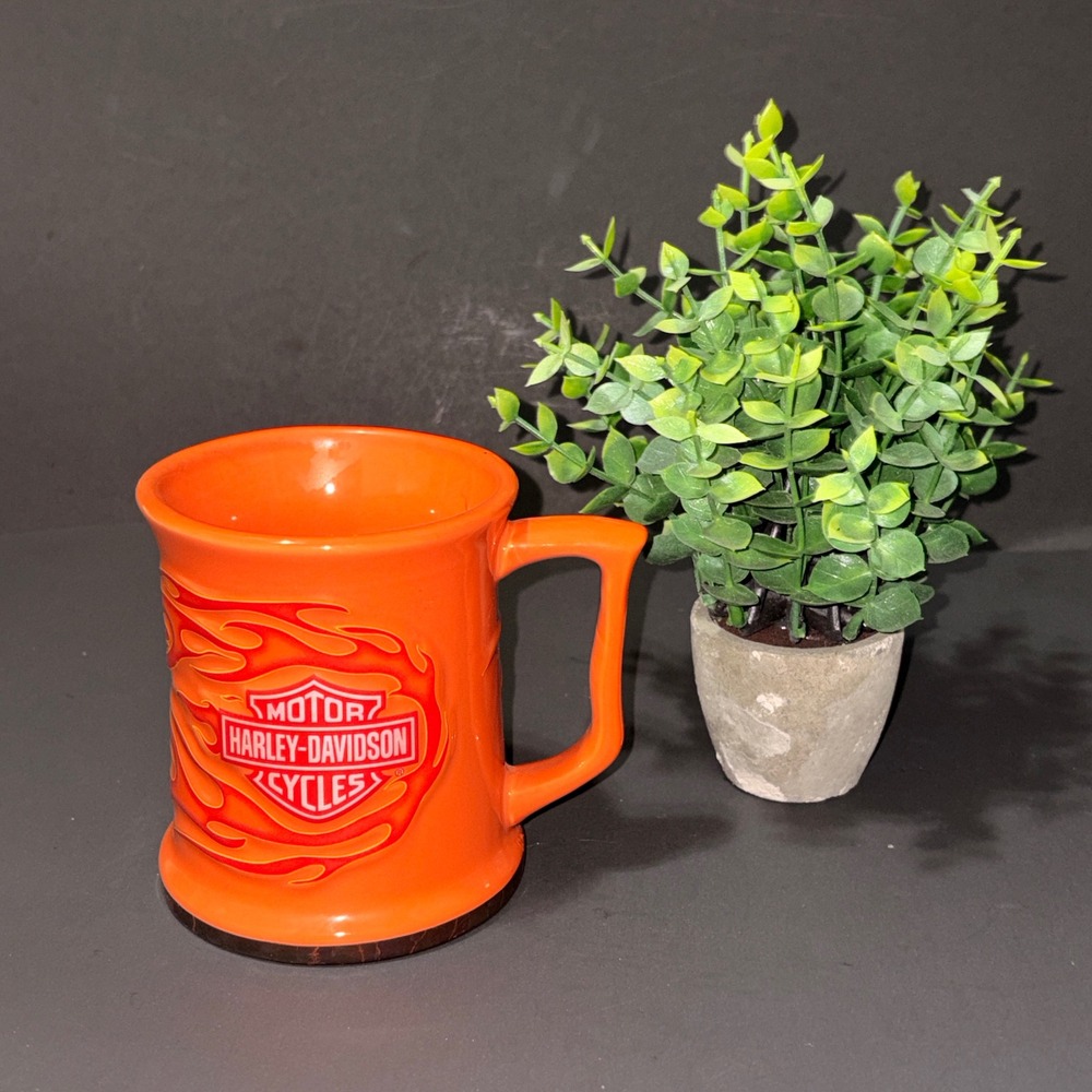 Harley-Davidson Orange Flame Embossed Ceramic Coffee Mug Bar & Shield Logo